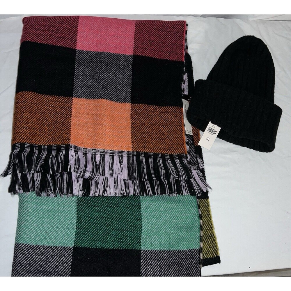 Maeve by Anthropologie Double Sided Plaid Long Scarf Shawl & Hat!